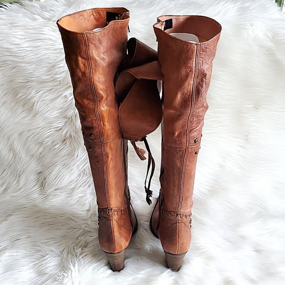 Andre' Cognac Leather Riding Studded Side Zipper Knee High Boot SZ 8 - Picture 9 of 16